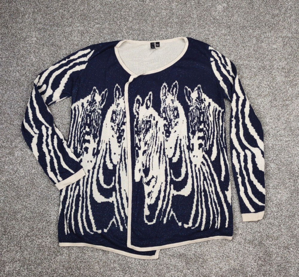Lapis Sweater Womens Petite L Blue Zebra Sparkle Open Front Waterfall Cardigan
